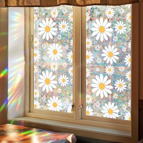 100 x 43 cm Rainbow Privacy Window Film Daisies 3D Static Flowers Plastic Non-Adhesive Reusable Tinted Prism Window Sun Protection (1/5)