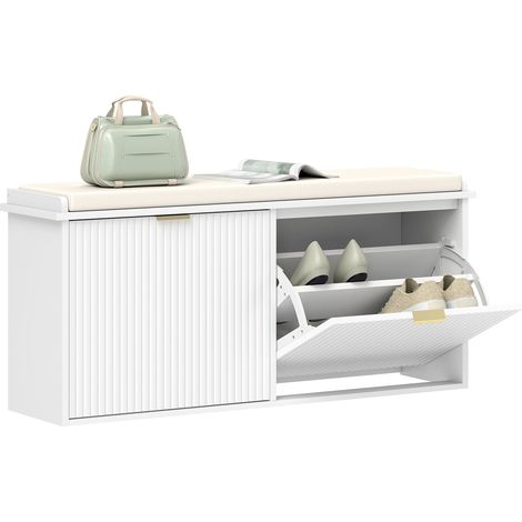 Schuhbank mit gepolstertem Sitzkissen und ausklappbarer Schublade für Flur oder Schlafzimmer, 104 x 26 x 47,5 cm, weiß