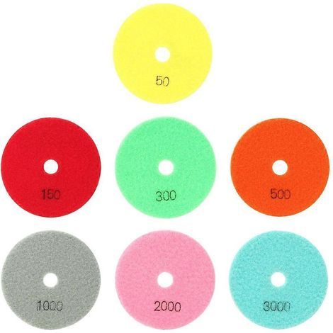 Ensemble de 7 disques de polissage en résine marbrée, à abrasif doux pour pierre, céramique et verre, diamètre 100 mm (1/4)