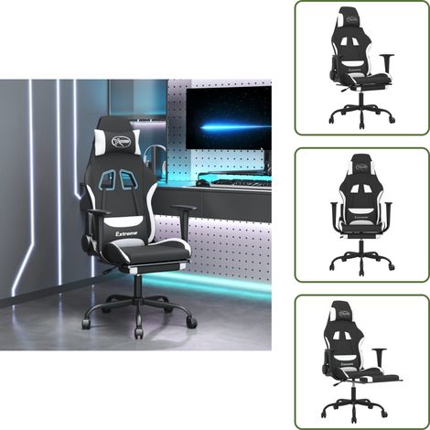 Silla de masaje - vidaXL Silla gaming de masaje con reposapiés tela negro y blanco - Silla de oficina