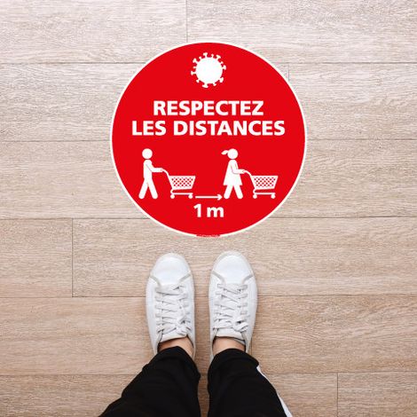 SIGNALISATION AU SOL COVID 19 CORONAVIRUS SPECIAL COMMERCES - RESPECTEZ UNE DISTANCE DE SECURITE - Distance de 1m - Diamètre 250 mm (1/4)