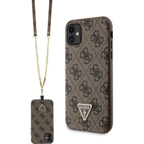 iPhone 11 Hülle Guess Hardcase Crossbody 4G Metalllogo Braun (1/5)
