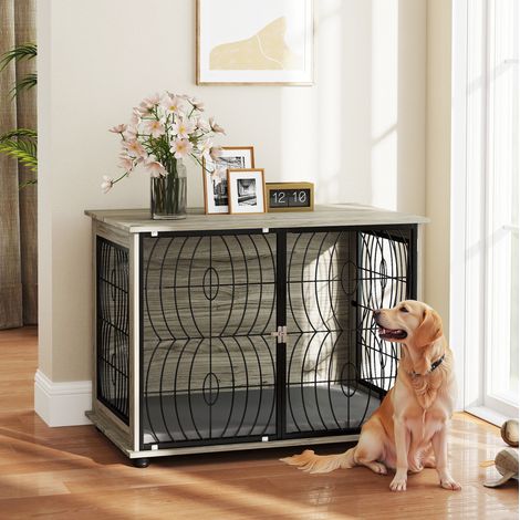 Cage pour chien d’intérieur avec coussin lavable, fenêtre et sol surélevé, pour grands chiens jusqu’à 30 kg, gris, 100 x 60 x 73,5 cm - CHICFURN (1/5)