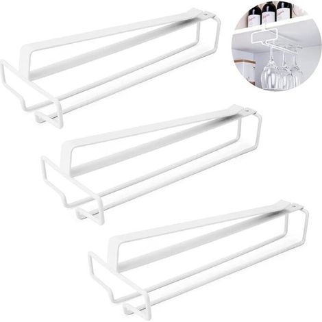Porte-verres à vin suspendu 3 pièces, porte-verres à vin sous l'armoire, porte-verres à vin sur pied sans perçage, porte-verres à vin en métal sur étagère de cuisine, bar à café, salle à manger (blanc