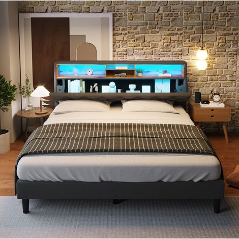 lit adulte double rangement LED 140x200 gris OKMYHOME (1/5)