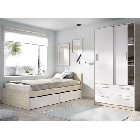 DEKIT GRUPO RIMOBEL TOP PACK - CONJUNTO DE CAMA CON 2 CAJONES Y ARMARIO DE 2 PUERTAS CORREDERAS Y 4 CAJONES - BLANCO / NATURAL (1/5)