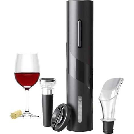 Ouvre-bouteille Électrique - 6 S - Fonctionne sur Piles AA - Pour Vin Classique - Ensemble Complet avec Décapsuleur, Doseur et Bouchon Sous Vide - Noir