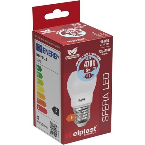 Lampadina Led Beghelli Sfera E27 - 470 Lumen - 5W Lampadina Luce Fredda - 6500K (1/2)