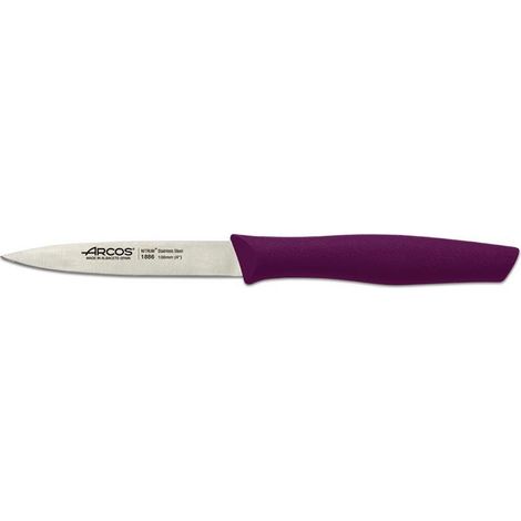 Cuchillo Mondador Arcos Nova 188631 de acero inoxidable Nitrum y mango de Polipropileno, de color fusia hoja de 10 cm en caja expositora