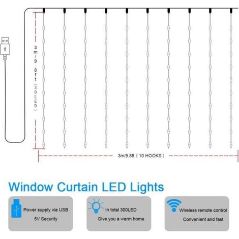 Guirlande Lumineuse Rideau, USB 300 LED 3m3m 8 Modes d'Eclairage Blanc Chaud, Decoration de Fenêtre, Noël,Anniversaire,Etanche IP65 (1/4)