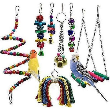 Lot de 7 jouets à mâcher pour oiseaux avec perchoirs, balles et clochettes (1/5)