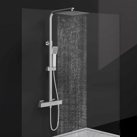 AICA Colonne doccia termostatiche, set doccia con soffione quadrato 25x25cm in acciaio inox e rubinetto termostatico 280x40mm, sistema antiscottature, cromo