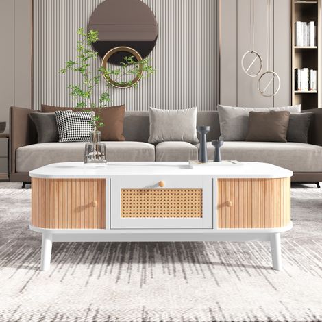 Couchtisch aus MDF in Weiß-Holzoptik, 110 cm, mit Rattan-Schubladen und Schiebetüren