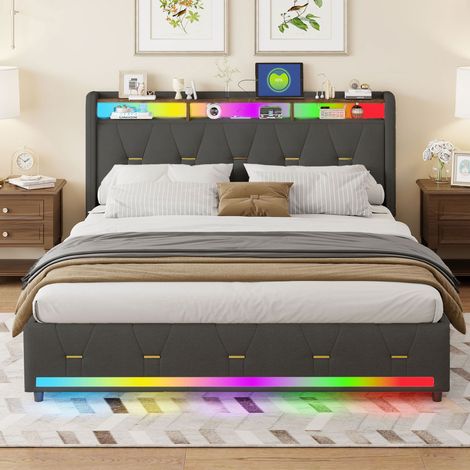 XMETPR Lit Capitonné Moderne 140x200 LED, 4 Tiroirs de Rangement, 2 Ports USB, Silencieux, Facile à Installer Tête de lit Lin Gris (1/5)
