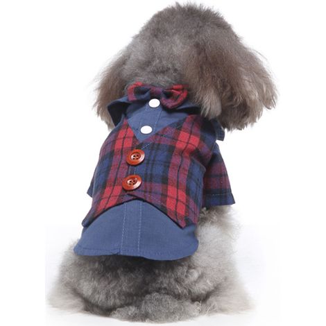 1 costume chien, smoking bleu à carreaux avec nœud papillon, pour chiot ou chat, tenue cérémonie mariage fête (1/5)