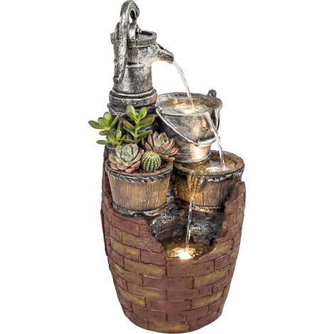 Fontaine de jardin rustique à 4 niveaux avec éclairage LED, jardinière, pompe, réglable, 34 x 31 x 76 cm
