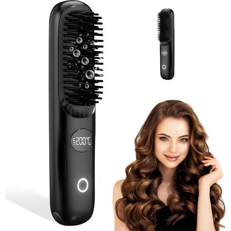 Brosse Chauffante Cheveux Court Sans Fil Mini Brosse Lissante Portable avec 3 Températures Réglables Peigne Chauffant Ionique Anti (1/4)