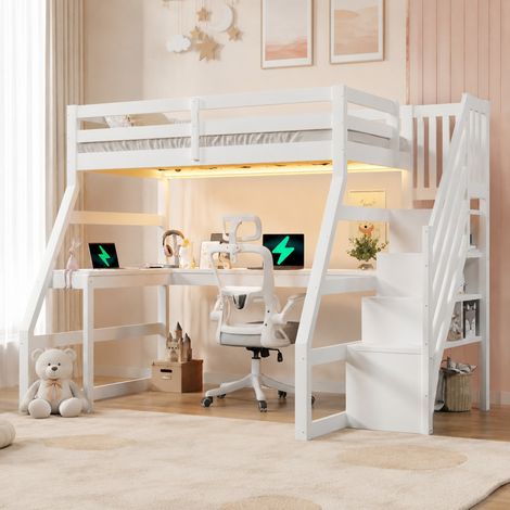 Lit mezzanine enfant 90x200 en bois blanc avec bureau, escalier rangement et LED (1/5)