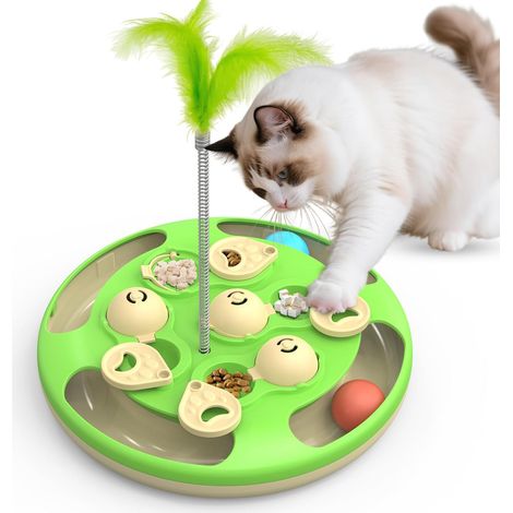 Puzzle 3 en 1 pour chat, jouet interactif de niveau 3 avec balles, plume et distributeur de croquettes anti-glouton, base antidérapante, stimulation mentale pour les chats d'intérieur qui s'ennuient,  (1/5)