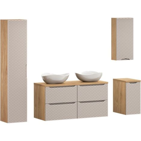 Badezimmer-Set YOKA beige: 2 Waschtischunterschränke 60 cm + 2 Waschbecken + 1 Säule und 2 Aufbewahrungsschränke