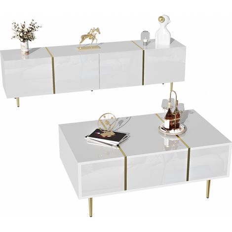 Conjunto de mueble TV y mesa de centro blanco brillo con detalles dorados (1/5)
