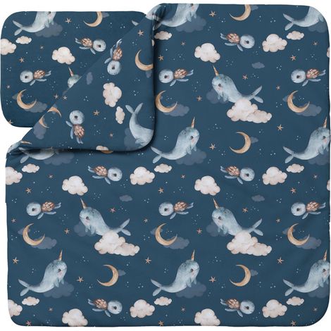 Waldin Ropa de Cama Bambú Bebé sin Funda, Edredón y Almohada 75x75 cm, Ballenas Azul Oscuro