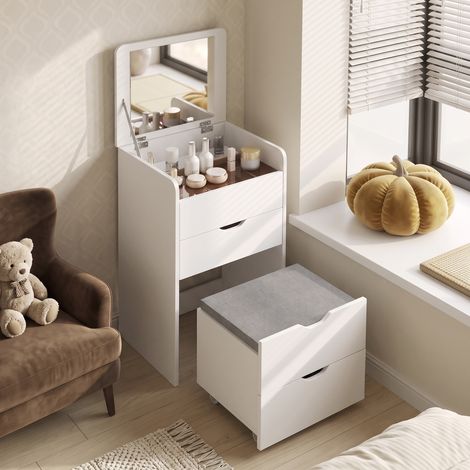 Station de maquillage 3 en 1 avec miroir pliable et tabouret, blanche, facile à entretenir (1/5)