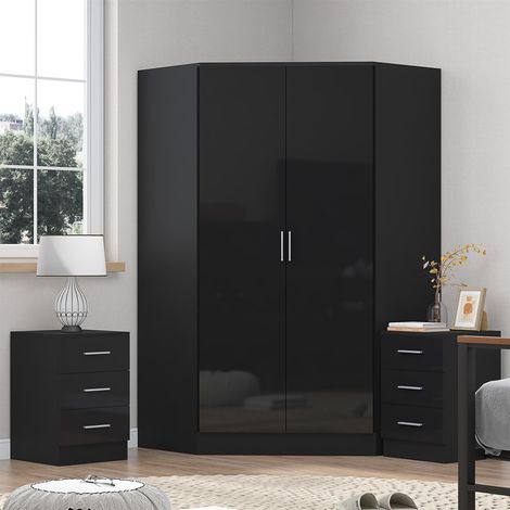 Reflect 3pc Wardrobe Bundle - 2 Door Corner + 2x 3 Drawer Bedsides - Black Gloss & Black Oak