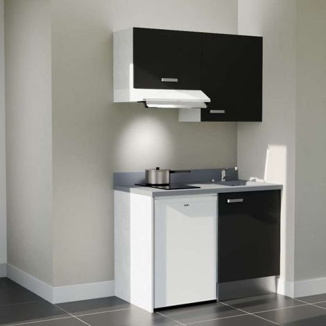 Kitchenette K01L - 120 cm - plan monobloc évier intégré Cromo- évier à droite - Façades Noir + Electroménager inclus coloris Blanc (1/5)