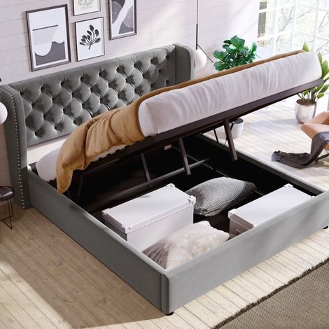 Letto contenitore matrimoniale 140x190 cm, con contenitore idraulico e rete a doghe, in velluto grigio, senza materasso (1/5)