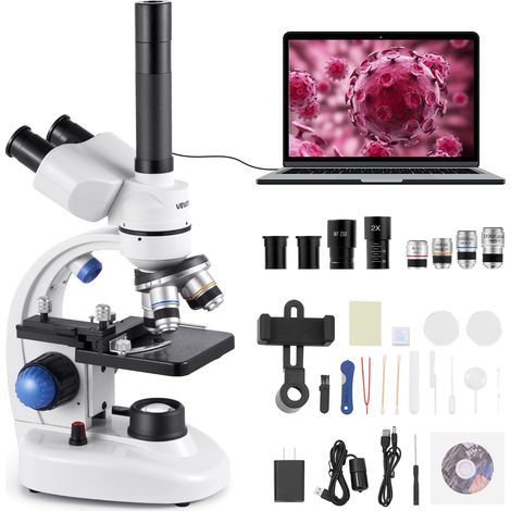 VEVOR Microscopio Compuesto con Aumento de 40-5000X Kit de Microscopio Trinocular Cuerpo de Aleación de Aluminio con Luz LED, Soporte para Telefono Móvil, para Estudiantes, Laboratorio, Escuela