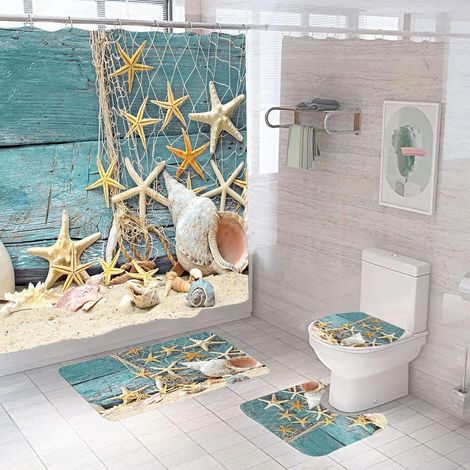 4-teiliges Sommer-Duschvorhangset mit Badematte, WC-Vorleger, blauer Muschel, Seestern, Strandmotiv, Duschvorhang mit Haken (1/5)