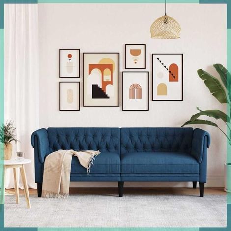 372562 Canapé Chesterfield 3 places bleu tissu (1/5)