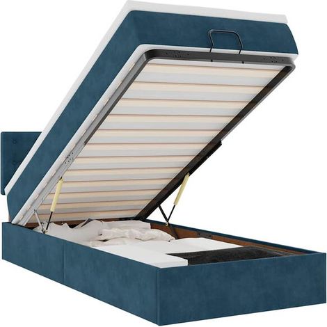 Lit ottoman avec matelas et lumière LED bleu foncé, 80x200 cm, revêtement en velours. (1/5)