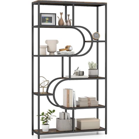 COSTWAY Libreria a 5 Ripiani, Scaffale Alto Autoportante a Forma Ovale con Ripiani Aperti, Struttura in Metallo, Organizer per Soggiorno e Ufficio di Casa, 95x30x175 cm (Marrone) (1/5)