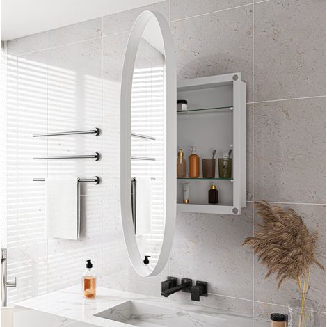 Schrank Spiegel oval Stauraum Metall Weiß OKMYHOME (1/5)
