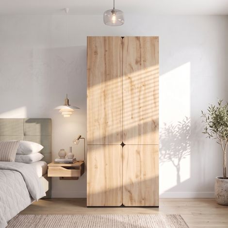 Armoire penderie 4 portes battantes 90x50x200 cm, 1 tringle, 3 tiroirs, étagères intérieures, angles arrondis, effet chêne et détails noirs (1/5)