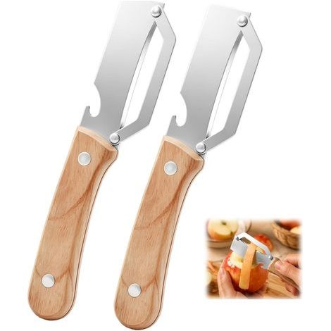 Set aus 2 multifunktionalen 2-in-1-Gemüseschälern mit ultrascharfer Edelstahlklinge, ergonomischem, rutschfestem Holzgriff und integriertem Flaschenöffner, für Kartoffeln, Äpfel (1/5)