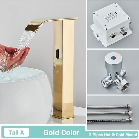 (Gold A Tall) Robinet de lavabo de salle de bain noir à capteur intelligent sans contact, mitigeur automatique à cascade, eau chaude et froide, robinet de lavabo Crane (1/5)