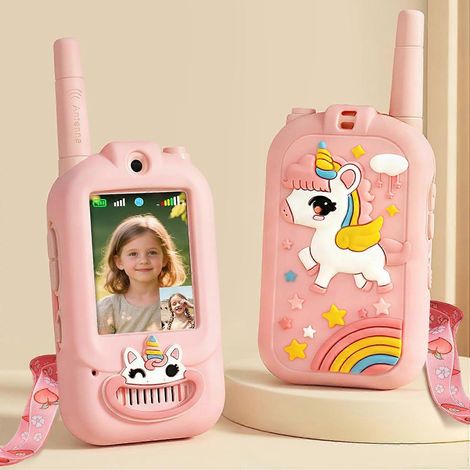 Talkies-walkies pour enfants avec écran - Lot de 2 intercoms rechargeables avec changeur de voix, jouet de camping et de voyage idéal pour les garçons de 3 à 8 ans (rose mignon) (1/5)