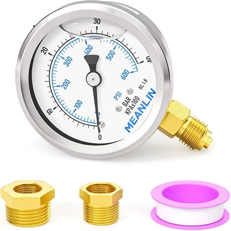 0-40bar/600PSI Stainless Steel 1/4" BSP 2.5" DIAL FACE Liquid Filled Pressure Gauge WOG Water Oil Air Bottom Mount, with Hex Socket 1/4" x 1/2" BSP and 1/4"x 3/8" BSP (1/5)