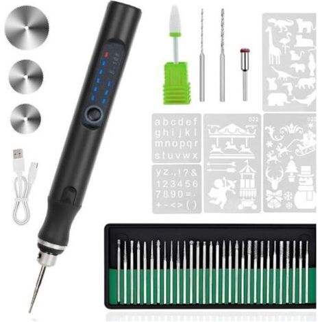 Stylo graveur électrique 37 bits, machine de gravure sans fil rechargeable par USB, adaptée à la gravure de bijoux, de verre et de pierre, noir. (1/4)