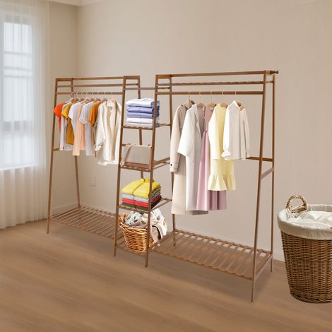 Porte-manteau sur pied 190 x 40 x 140 cm, double étagère en bambou, support pour suspendre les vêtements, porte-manteau ouvert pour armoire, capacité de charge 25 kg. (1/5)