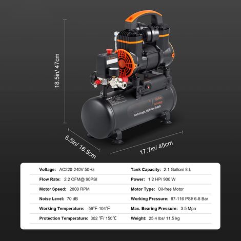 Compresseur électrique 900 W – Réservoir 8 L – Silencieux sans huile – Usage domestique (1/5)