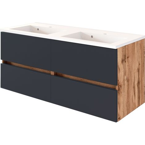 Badezimmer Doppelwaschtisch 120 cm mit Waschbecken LOUROSA-03 in Wotaneiche Nb. mit matt grau, B/H/T: ca. 120/56/47 cm (1/5)