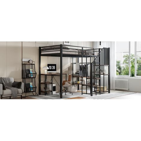 Lit superposé 120x200 cm en métal et aggloméré, avec bureau, étagère, penderie et rangements intégrés (1/5)