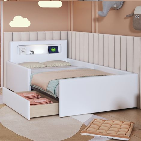 Kinderbett Kunstleder Weiß 90x200 cm mit USB-Anschluss, Nachtlicht, Stauraum und erhöhten Seitenteilen