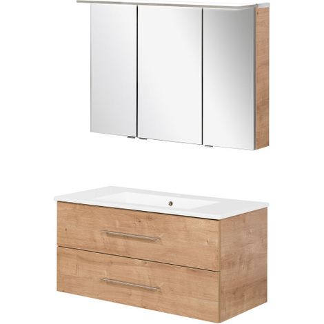 Fackelmann B.perfekt Badmöbel Set 3-teilig, 100 cm, Braun hell, LED-Spiegelschrank-09834 (1/5)