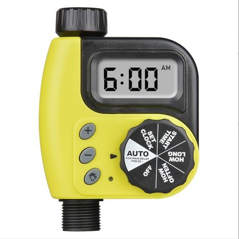 Minuteur d'arrosage extérieur (avec affichage numérique) — Programmateur d'irrigation automatique multi-programmes, commande manuelle, fonction de report en cas de pluie — (Jaune) (1/3)