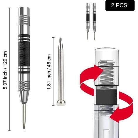 2 pièces Pointeau Automatique, Pointeau Central Automatique,Poinçons Centraux à Ressort Tension,Pointeau Automatique Impact Réglable,pour Bois, Mur, Metal, avec 2 Pièces Pointes de Rechange,de (1/3)